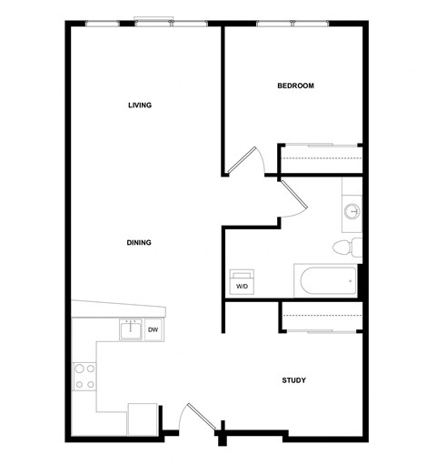 Floor plan for 1 bed, 1 bath, 880 sqft